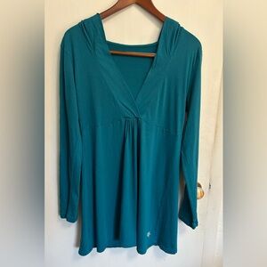 Y2K babydoll hoodie Mini dress Tunic Top deep V Womens L Teal Boho Empire Waist